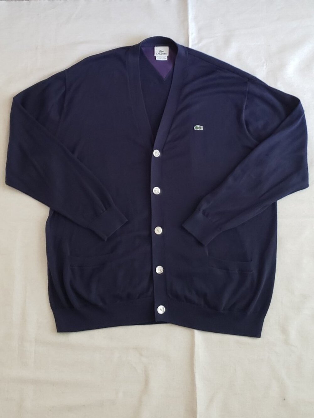 Lacoste Men's 2XL -3XL /9 Vintage 90s Knitted Cardigan Cotton Navy Blue Button